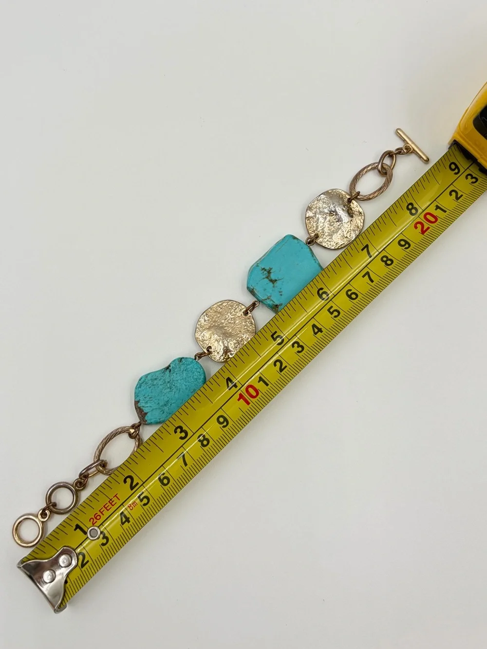 Faux Turquoise Slice and Hammered Metal Disk Bracelet